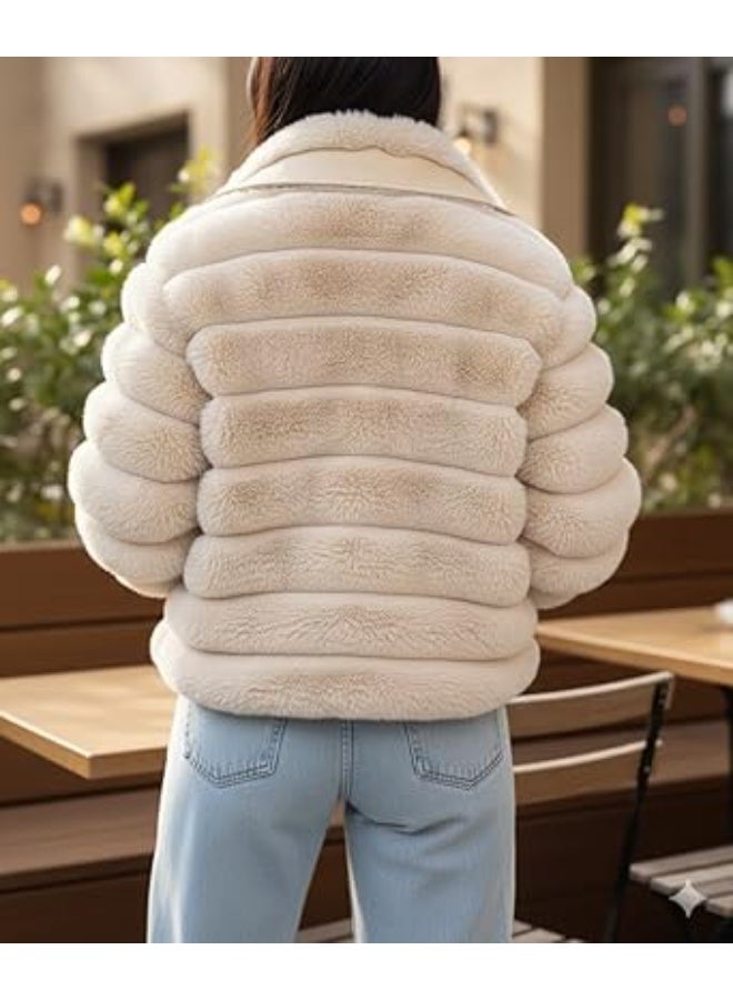 Women's High-Waisted Faux Fur Jacket with Satin Lining, Balloon Beige, Short, One Size - Fits up to 80 kg - Image 3